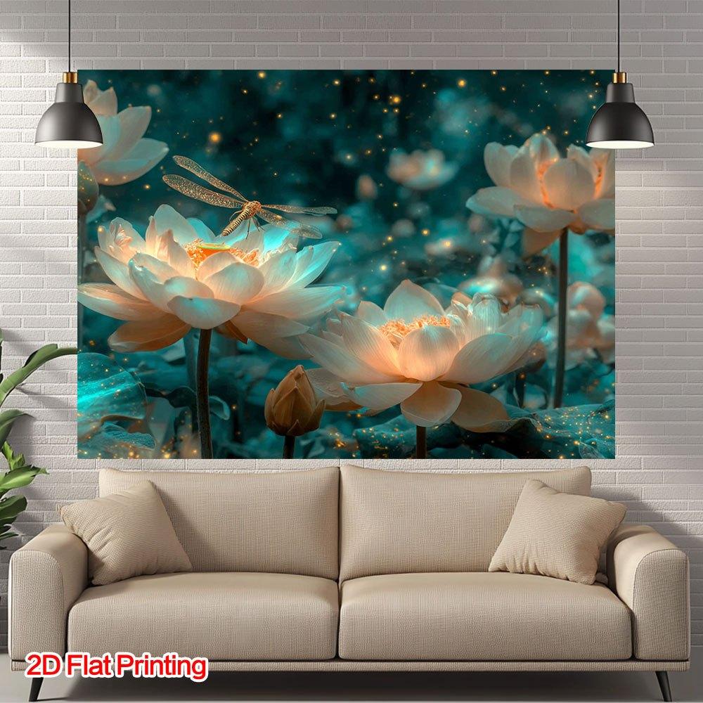 2D Plane Charming Lotus Dragonfly Background Fabric Highly Suitable for Home Garden and Interior Decoration Polyester Fiber