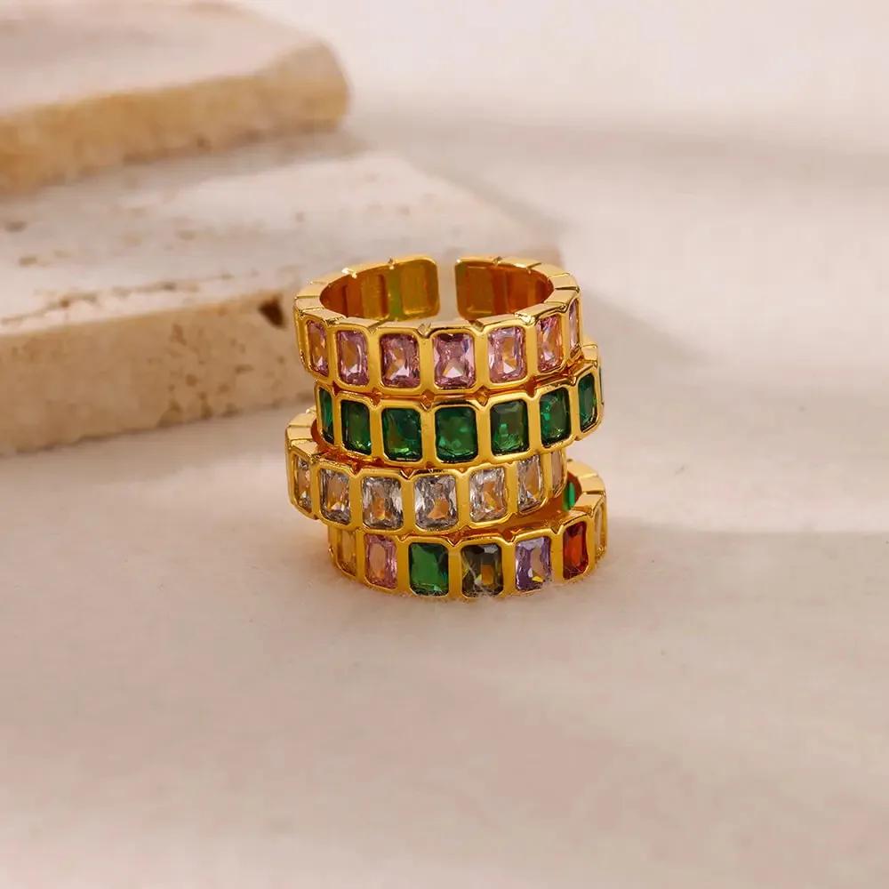 Luxury Geometric Square Colorful Zircon Opening Rings for Women Charm Gold Color Stainless Steel Party Finger Zircon Accessory