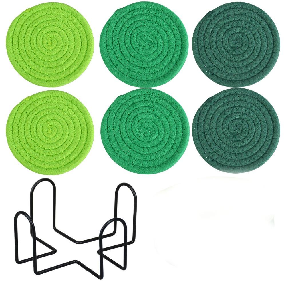 6Pcs Heat-resistant Woven Round  Coaster Set with Holder Tableware Mat Cup Coaster  Household
