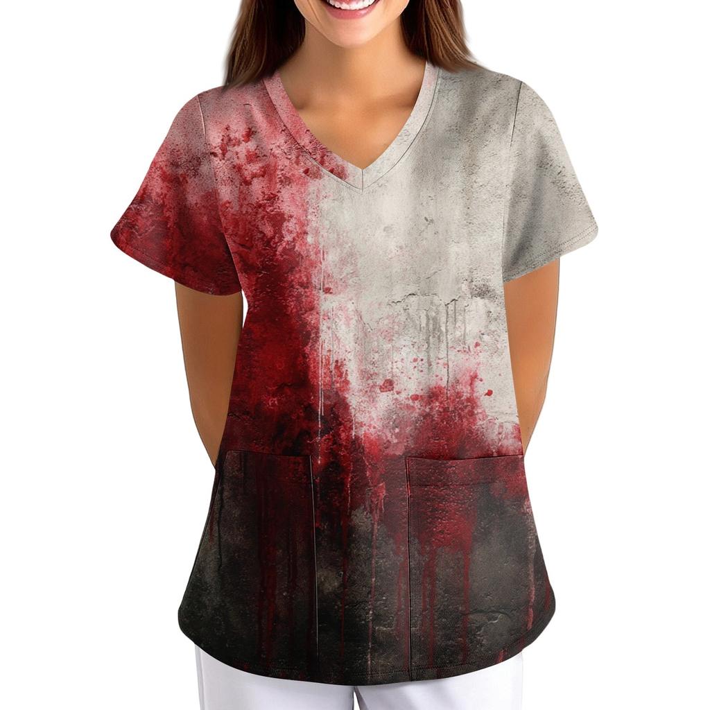 Damen Halloween Bedruckt Locker V-Ausschnitt Tasche Kurzarm Uniform  Uniform