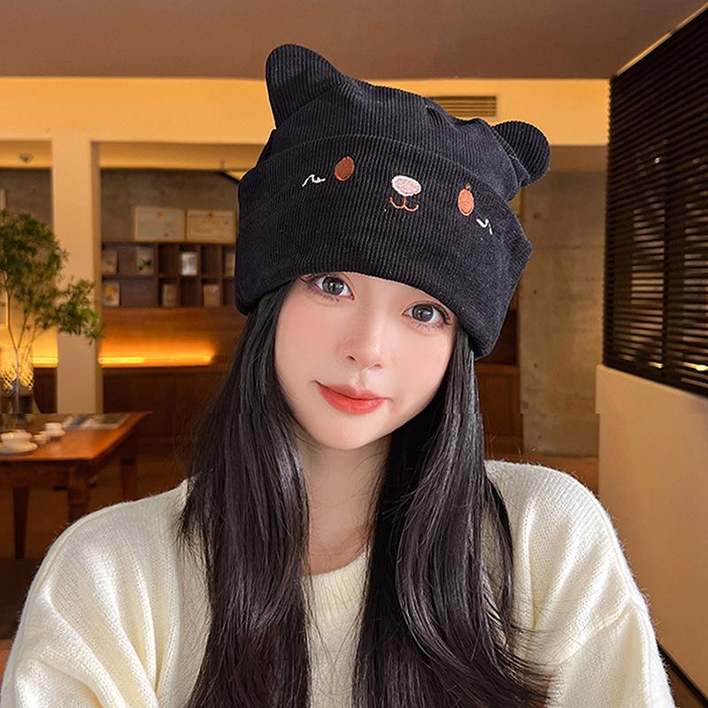 Cute Cat Embroidered Knitted Hat Outdoor Warm Ear Protection Cat Ears Wool Cap Over Head Cold Cap Street Beanies Cap Penny Cap