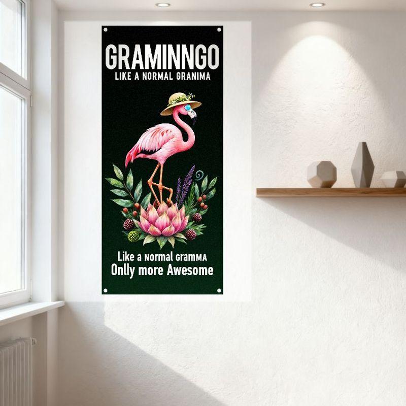 Vertical Tin Sign, Dark Green Background with Stylized Pink Flamingo In Hat & Sunglasses On Pink Lotus, Green Leaves & Purple Be