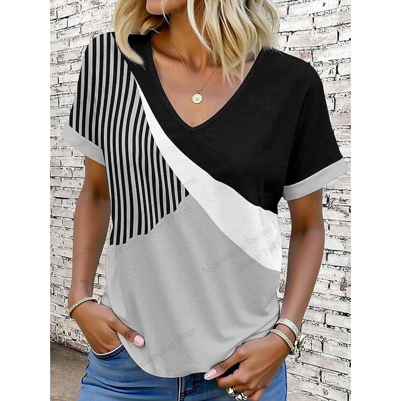 New Geometric Vintage Striped 3d Print T-shirt Women Fashion Casual V-Neck Short Sleeve Tops Tees Women Clothes Large Size Loose