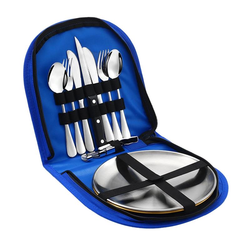 Reise-Edelstahl-Besteck Utensil Tragbares Silberbesteck-Set Camping-Geschirr mit Aufbewahrungstasche für Picknick im Freien