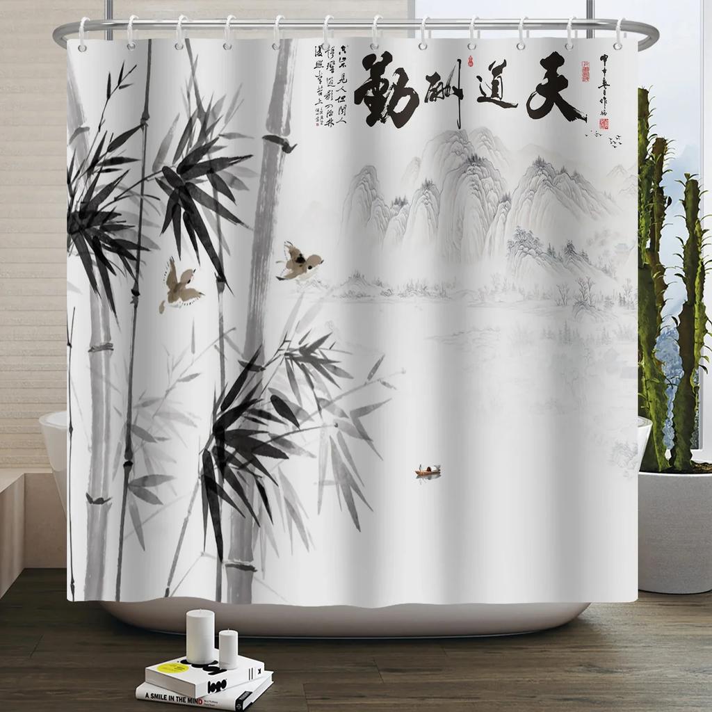 Chinese Ink Painting Landscape Shower Curtain Mountain Bamboo Modern Art Home Decor Bathroom Curtains Waterproof Shower Curtains