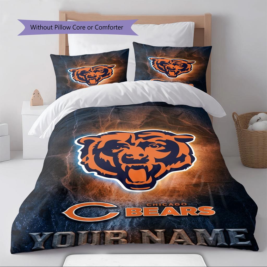 Name Custom Chicago Bears Logo Pattern Bedding Set Quilt Cover Pillowcase Home Decor Gift (1 * Duvet Cover + 2 * Pillowcase, Without Core)