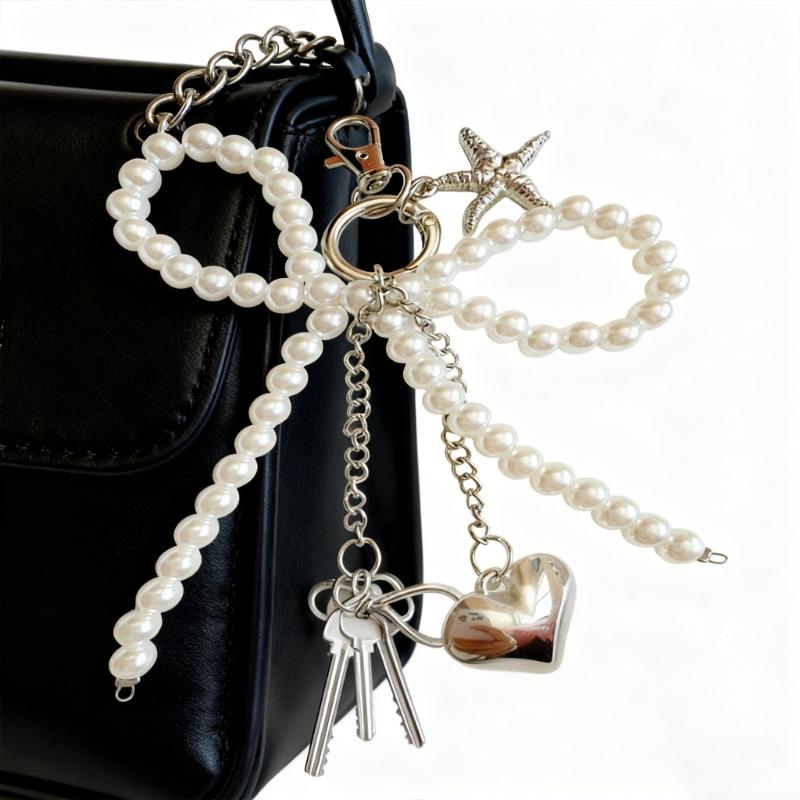 Delicate Bows Keychain Key Holder Featuring Pearls Accent And Starfish Design Fashionable Wallet Handbag Charm