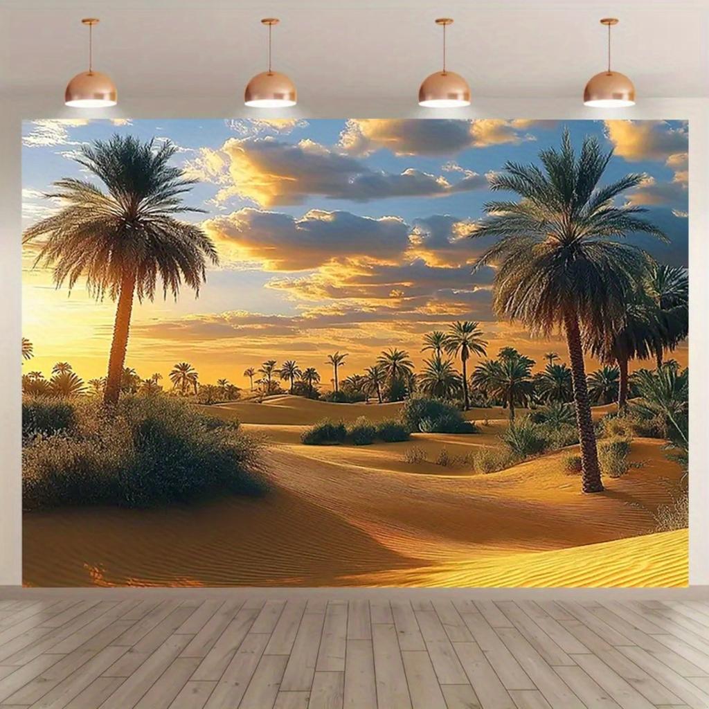 2D flat design 1 piece golden desert oasis and palm tree background fabric suitable for festival parties