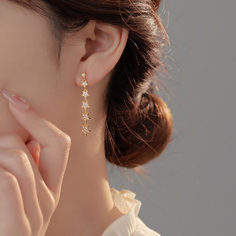 Banyan Tree Asymmetric Star Tassel Earrings: S925 Silver, Korean Fashion, Women's Long Diamond Design