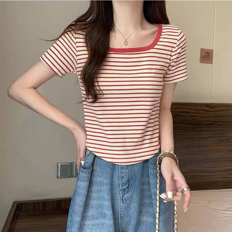 Tricou cu mânecă scurtă coreeană cu decolteu în U Cămașă ocazională de modă Topuri Tricou pentru femei Tricou cu dungi de culoare solidă