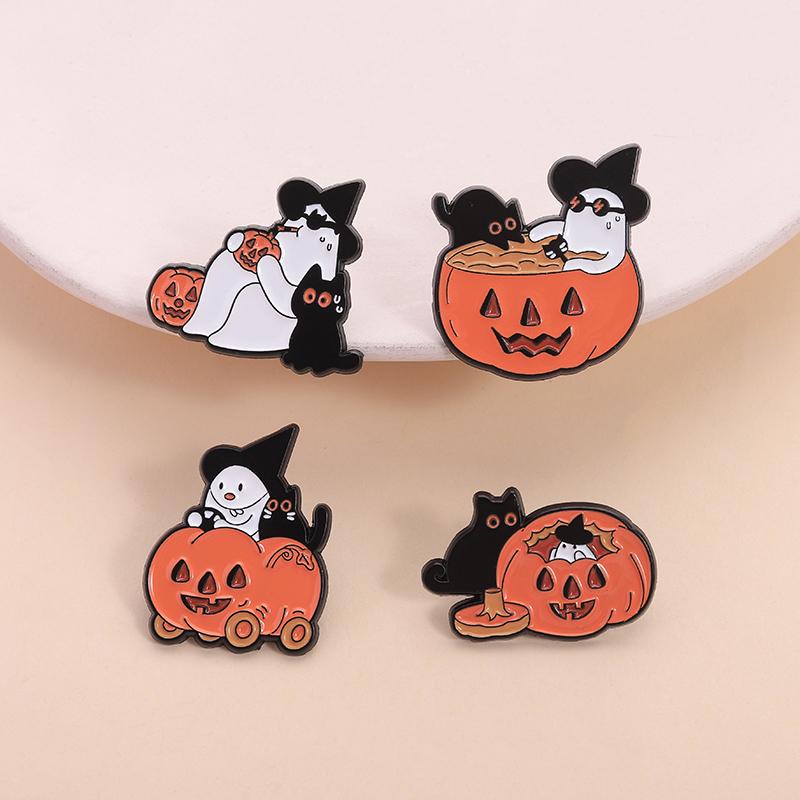 White Ghost With Cat Enamel Pins Spooky Pumpkin Skull Boo Kitten Halloween Brooches Lapel Badge Jewelry Gifts for Friends