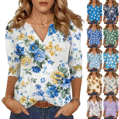 Women's Casual Fashion Sexy Comfortable V-Neck Floral Seven Sleeve Top