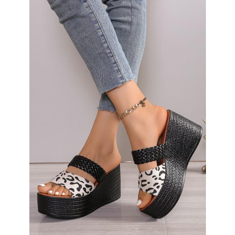Leopard Print Open-Toe Platform Slippers for Women, Plus Size Thick-Soled Slippers