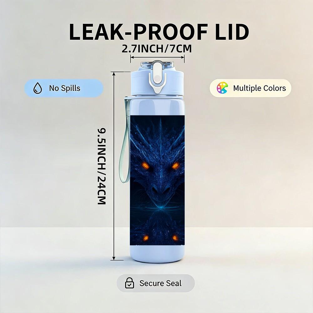 1 Stück Dunkler leuchtender Augen-Drache Fantasy-Porträt Druck 750ml Farbe Kunststoff Sport-Wasserflasche Auslaufsicher Klappdeckel mit Strohhalm Geeignet für Sport Büro