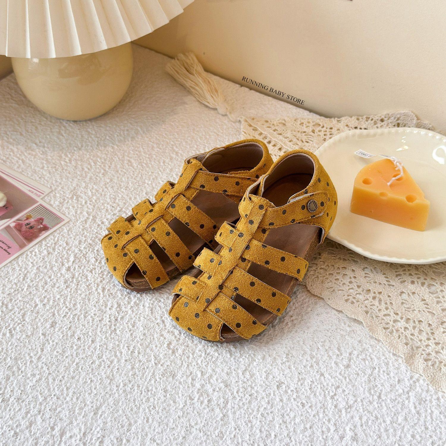 

All Over Print Polka Dot Children Sandals for Girls Suede Leather Summer Students Holiday Shoes Girl Daily Shoes Cut-outs I05103 22 жовтий