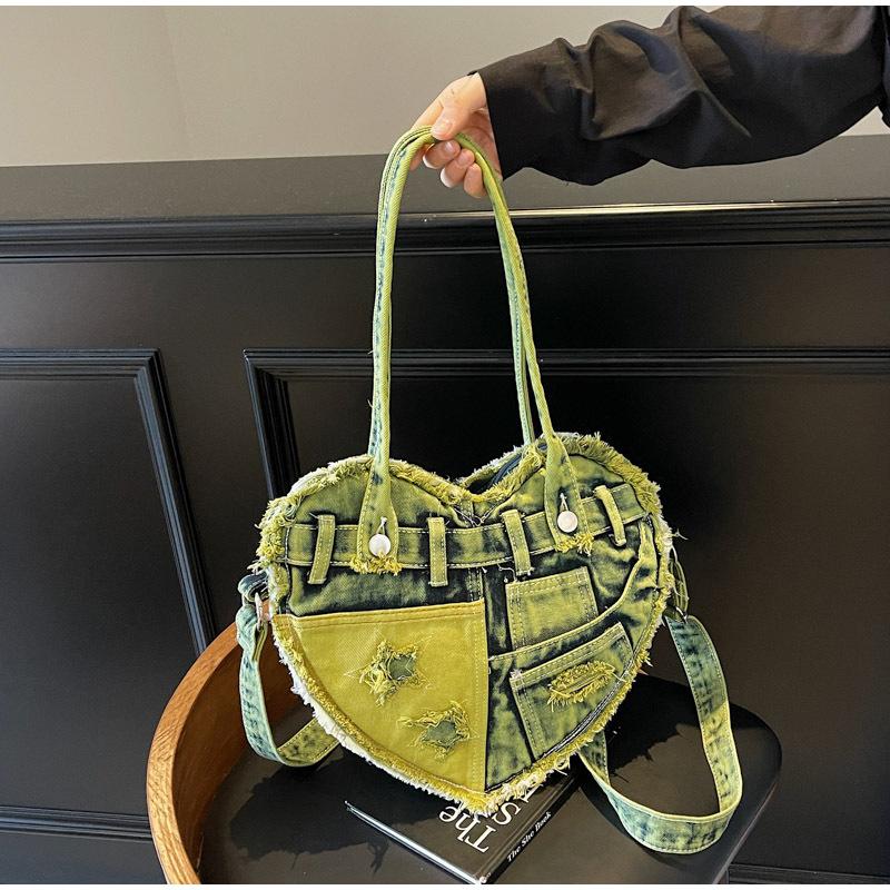 Fashionable Denim Canvas Bag Creative Design Heart-shaped Contrasting Star Pattern Denim Bag New Retro Casual Crossbody Hole Bag