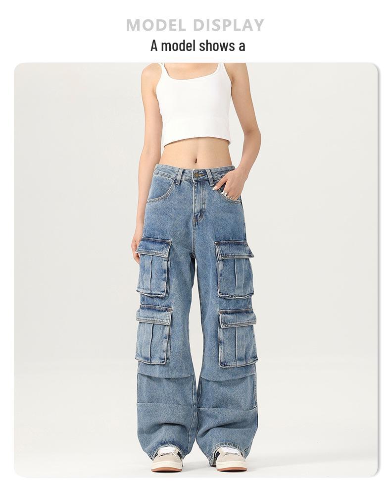 Menswear Unisex Retro Wide-Leg Multi-Pocket Denim Jeans