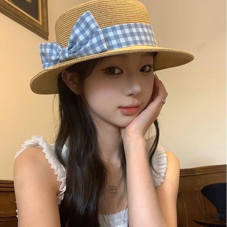 Fine-woven blue plaid bow straw hat women's new summer French seaside sunshade, sun-proof and breathable hat