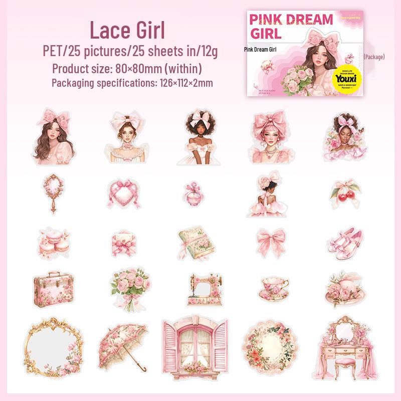

Pink Dream Girl PET Sticker Pack: 4 Unique Pink Character Designs, 25 Sheets Included
