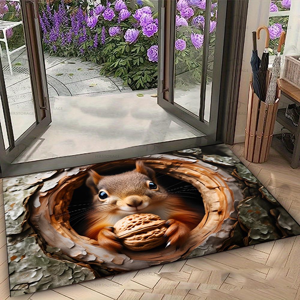 

3D Squirrel Tree Hole Rug Cute Animal Entryway Doormat Front Door Rugs Non Slip Soft Easy Clean Durable Rustic Decor Carpet 40X60cm
