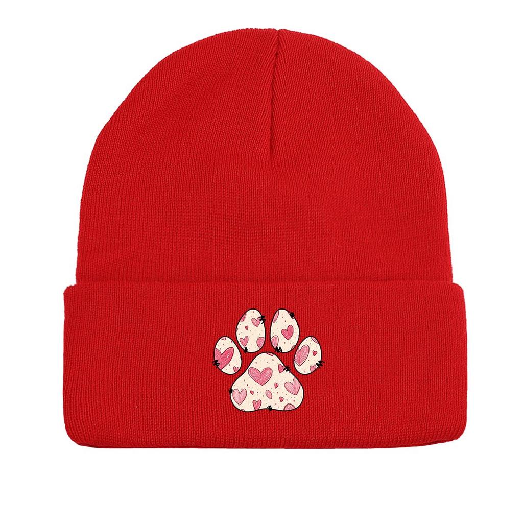 Dog Cat Paw Print Heart Knit Hat Beanie, Valentine's Day "XOXO LOVE KISS", Cozy Stylish Knitted Cap Beanie