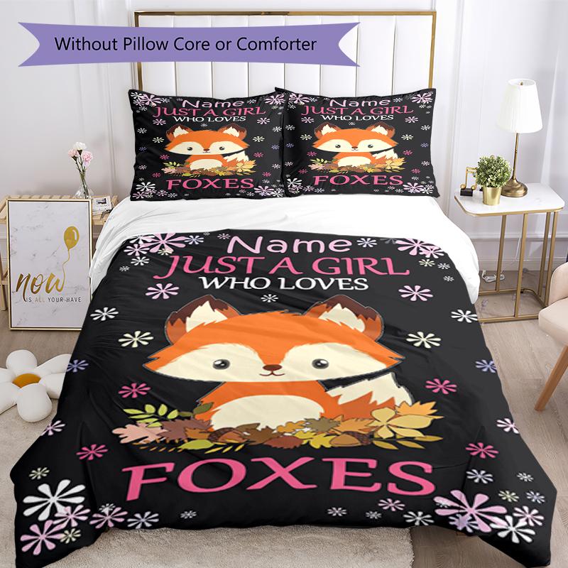 3pcs Custom Name Fox Bedding Set Duvet Cover Closure Includes 1 Duvet Cover & 2 Pillowcases, Soft and Comfortable for All Seasons.