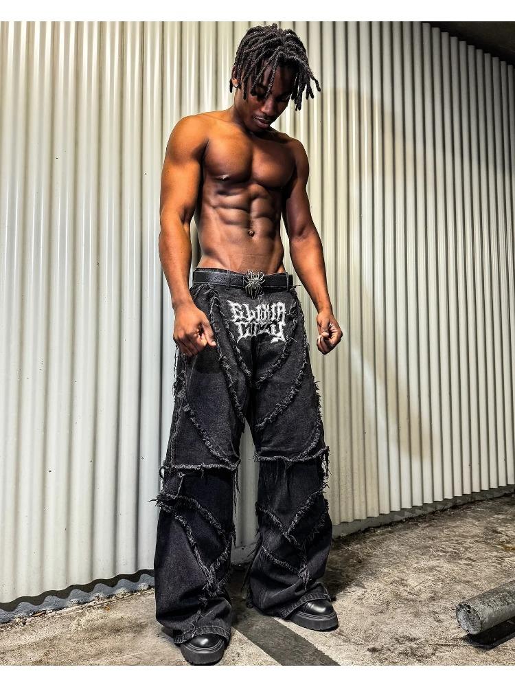 Fashion America Retro Street Zip Up Patchwork Baggy Jeans Men Y2k Stripe Embroidery Splicing Black Denim Pants Hip Hop Jeans