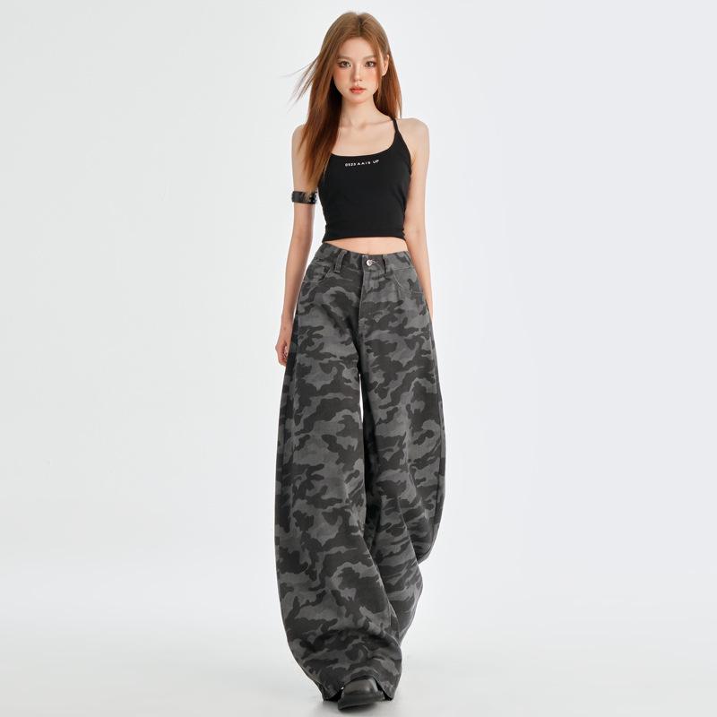 2025 Women s American Street Camouflage Wide-Leg Jeans - Extra Long, Lazy Style L