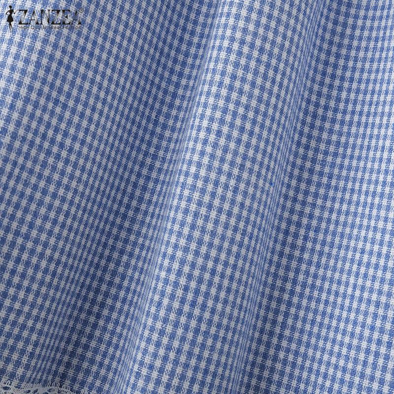 ZANZEA Blusa Casual para Mujer de Cuello Redondo, Manga Corta Holgada con Estampado de Cuadrícula