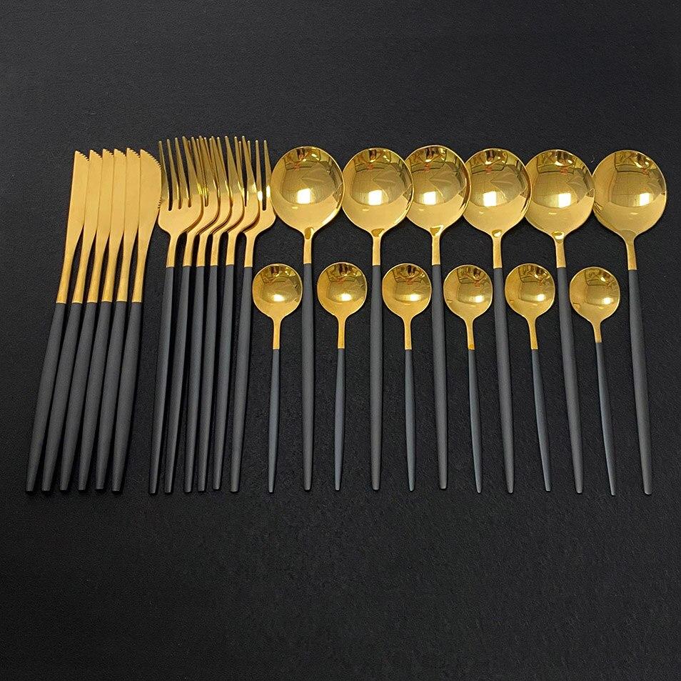 24Pcs White Gold Cutlery Set Kitchen Tableware Set Stainless Steel Dinnerware Set Knife Fork Spoon Dinner Set Dishwasher Safe