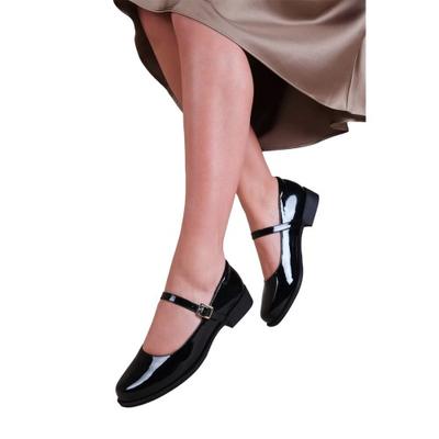 Womens/Ladies Kingston Patent Leather Buckle Detail Wide Low Heel Shoes