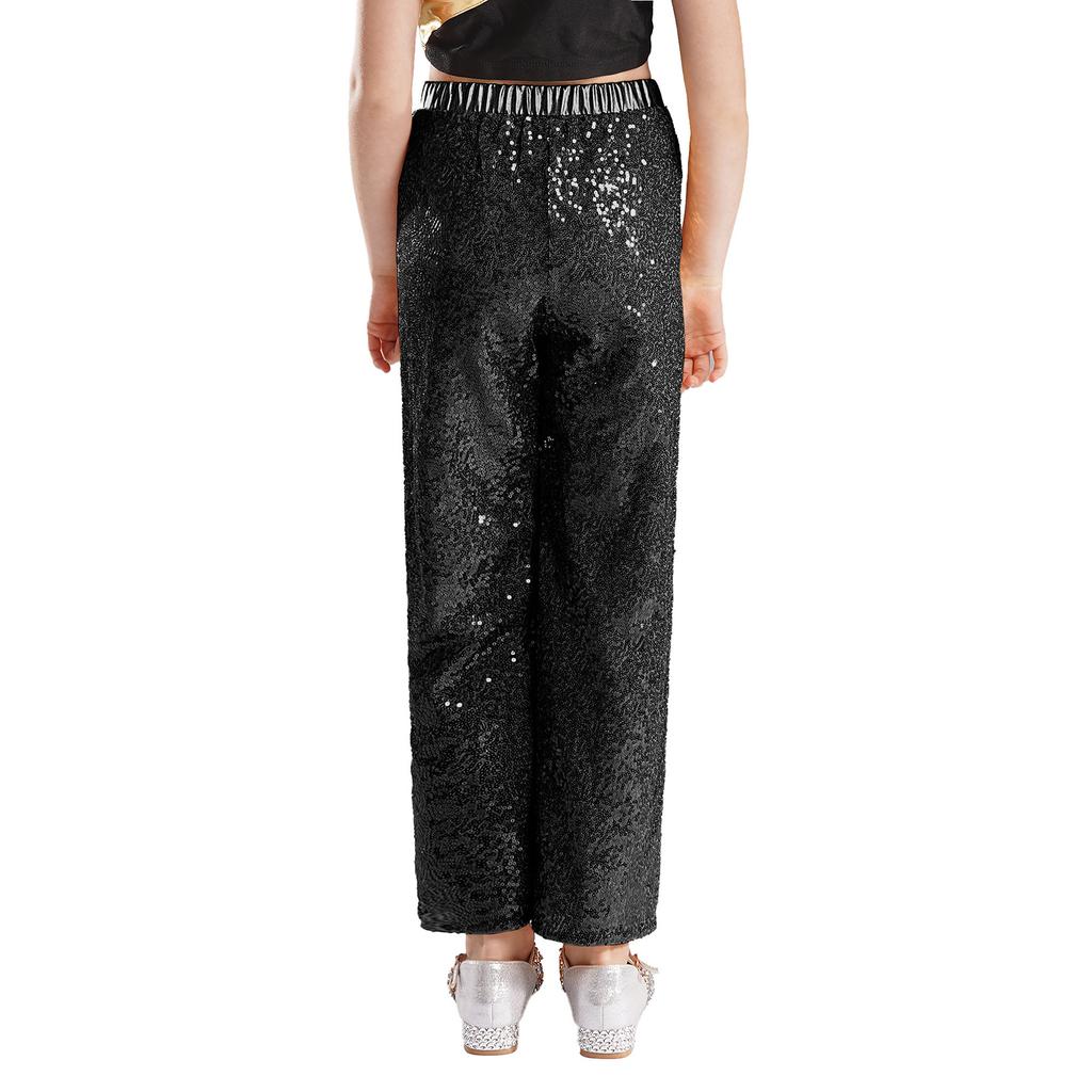 Kids Jazz Dance Costume Sleeveless Mock Neck Metallic Top and High Waist Sparkle Sequin Pants for Stage Competition