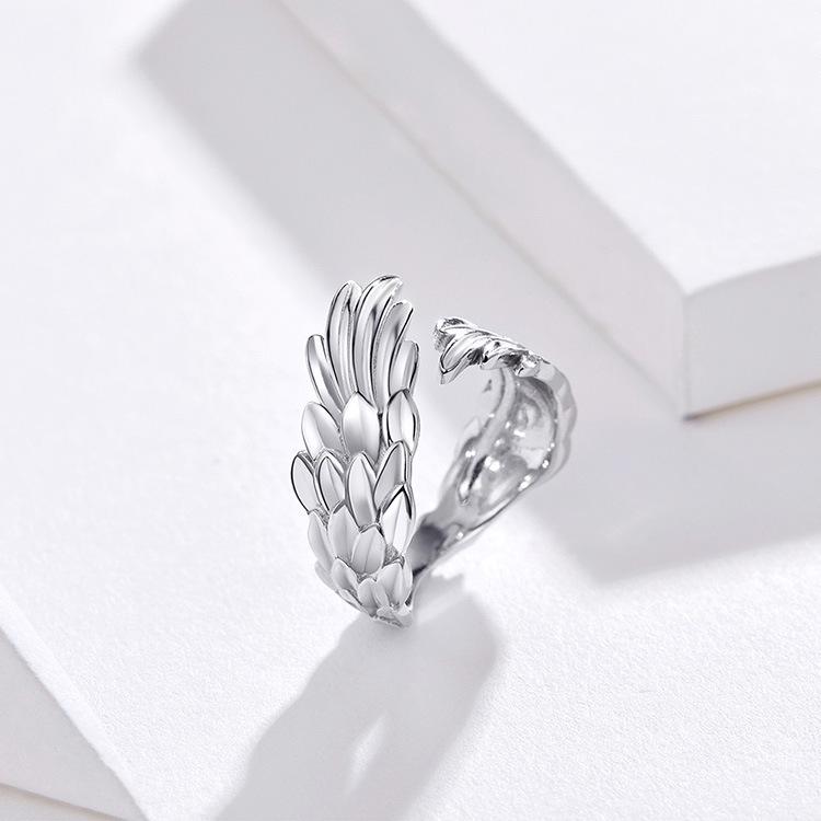 Yintai Fei Adjustable Unisex Thai Silver Feather Wing Ring - White Gold Plated Retro Style. Adjustable Open Size