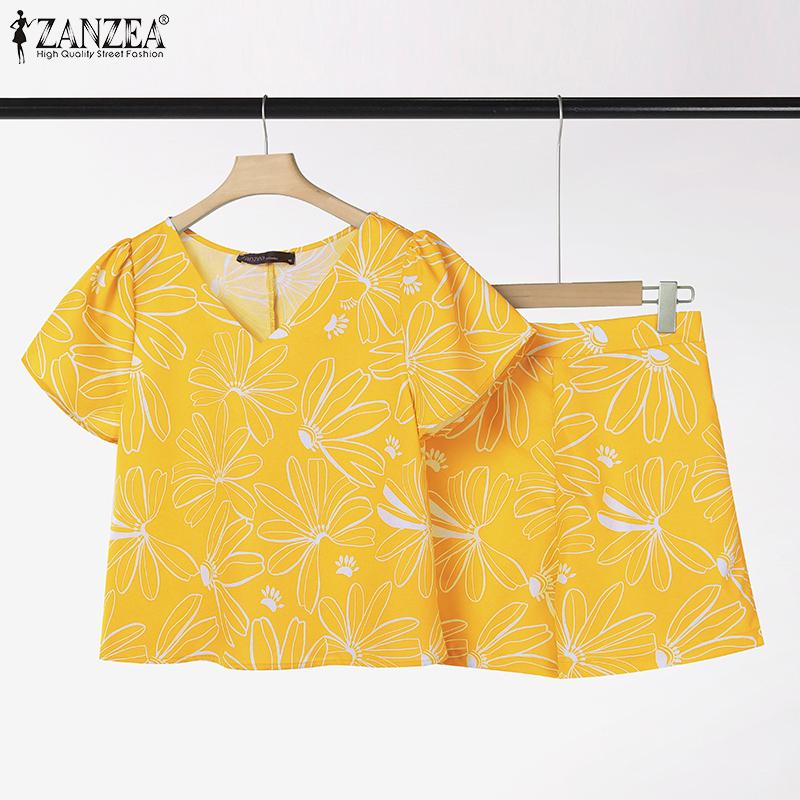 ZANZEA Women Short Sleeve Blouse and Shorts Summer Print Two Piece Suit Sets