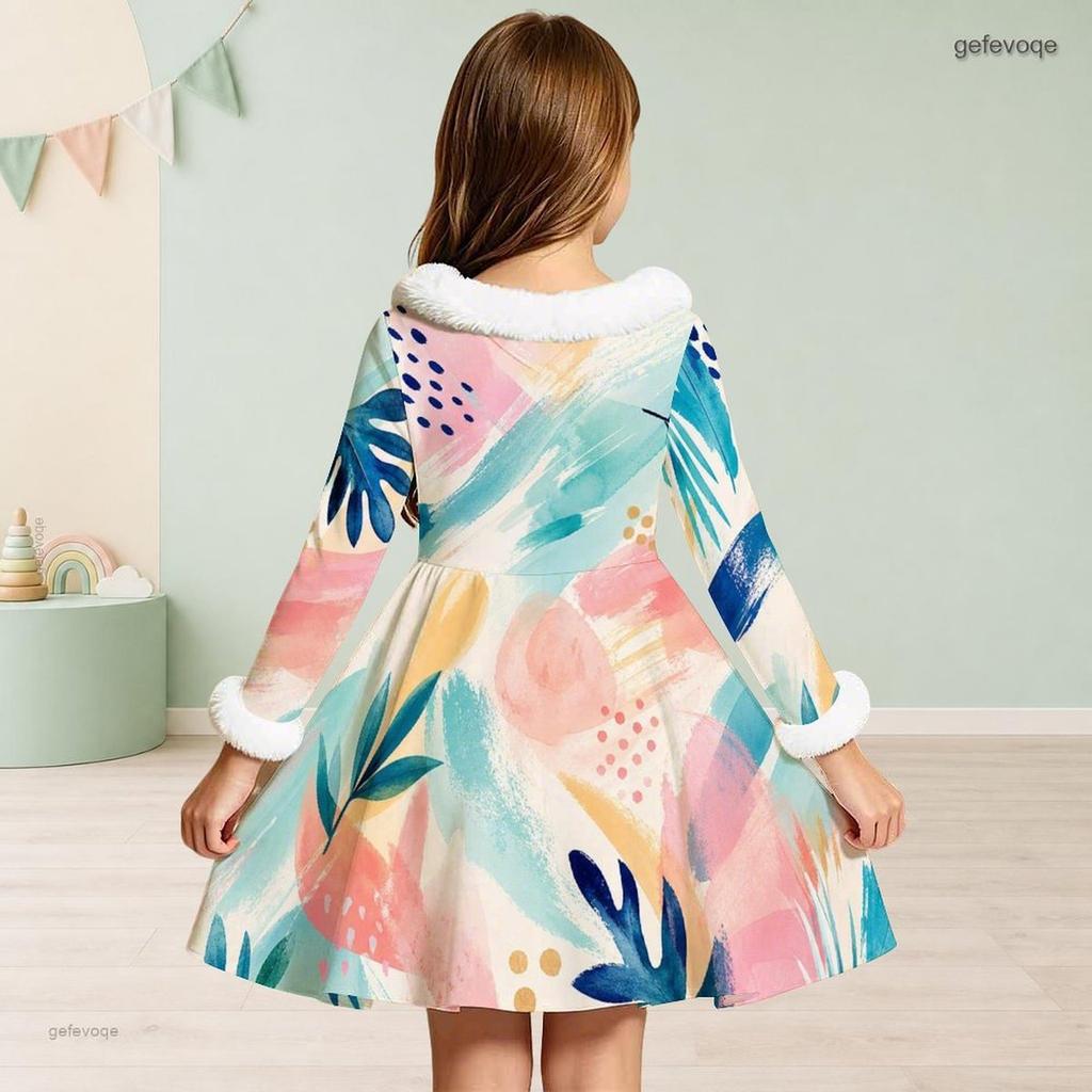 Girls Long Sleeve Faux Fur Collar Abstract Printed A Line Flared Dress With Waist Bow
