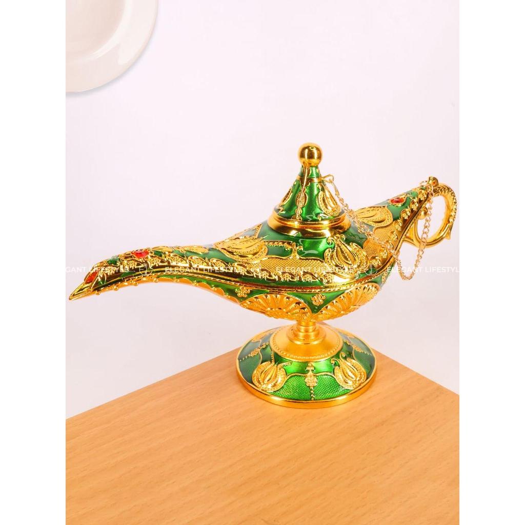 Vintage Aladdin Chirag Lamp-Luxurious Metal Jewelry Box,Decorative Showpiece,Home & Office-12 cm(Gold-Green)