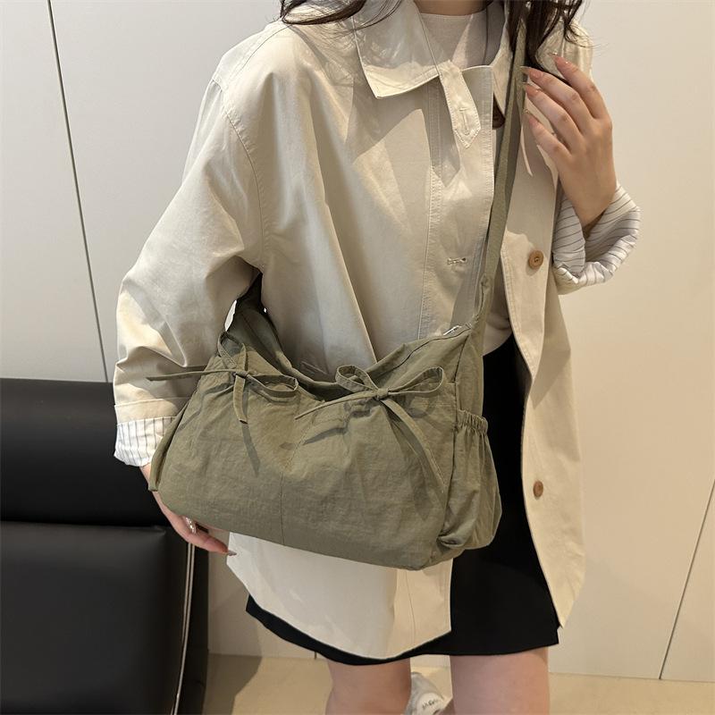 Pleated Bow Knot Tote Bag for Women Cotton Large Capacity Shoulder Crossbody Bag