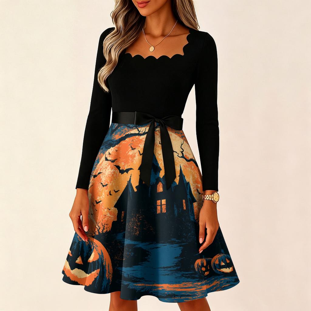 Women's Vintage Long Sleeve Square Neck Halloween Printed Party Dress for Evening Wear