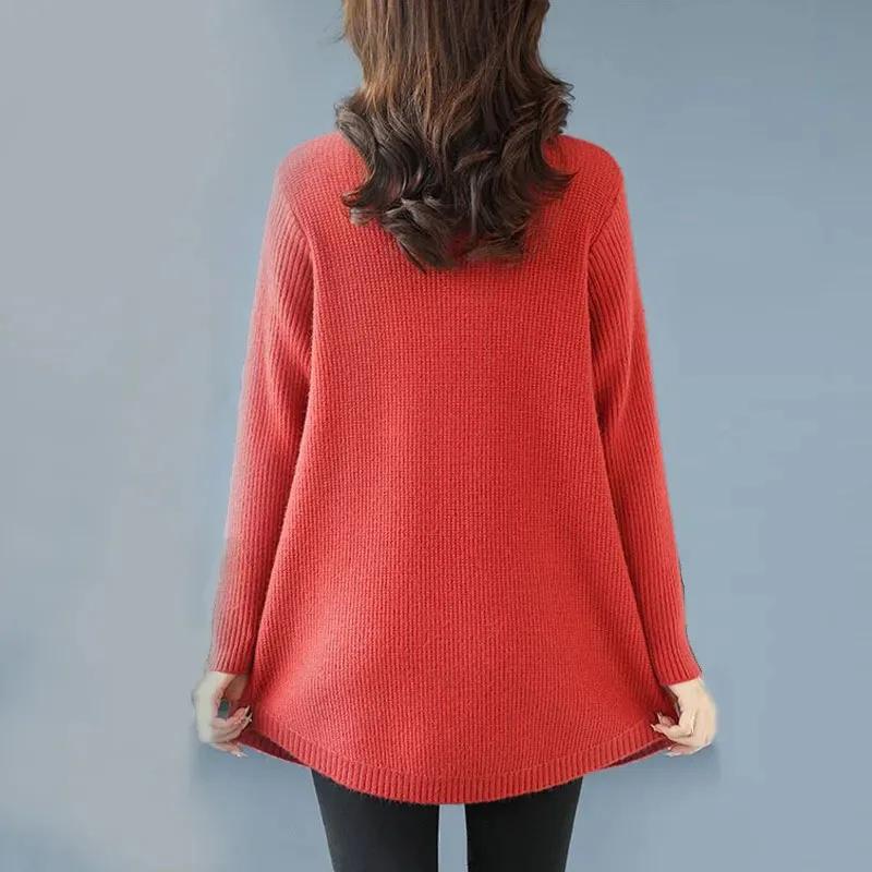 Maglione da donna a tinta unita di media lunghezza per autunno e inverno, effetto invecchiato, aderente, elegante, pullover in maglia