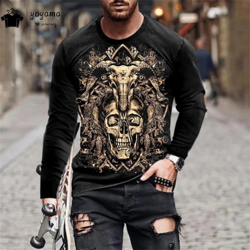 

Мужская футболка с длинным рукавом и принтом черепа Мужская одежда Модная футболка Мужские футболки для мужчин Футболки с круглым вырезом и принтом черепа Топы 5XL