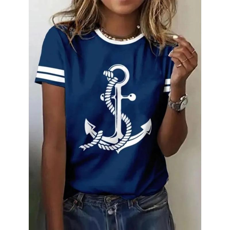 Women's 3D Printed T-Shirt Colorful Striped Boat Anchor Pattern Print Short Sleeve O-Neck Pullover Casual Top