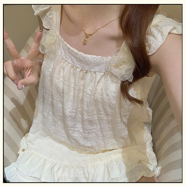 2026 Sweet Princess Style Women's Summer Pajama Set: Built-In Bra Jacquard Cloud Cotton Camisole