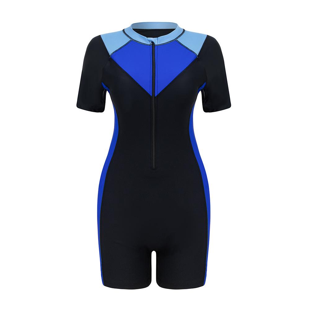2026 Women's Short Sleeve Color Block Zipper Surfing Swimsuit - European & American Slimming Wetsuit