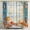 Cortina de Ducha con Paisaje de Conchas y Estrellas de Mar Fuera de la Ventana, Cortina de Ducha para Decoración de Baño, Cortina de Ducha Impresa con Ganchos