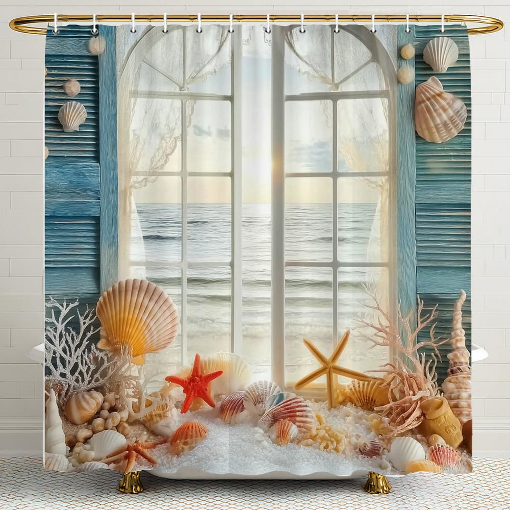 Cortina de Ducha con Paisaje de Conchas y Estrellas de Mar Fuera de la Ventana, Cortina de Ducha para Decoración de Baño, Cortina de Ducha Impresa con Ganchos