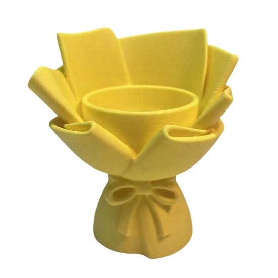 3D Printed Bouquet Pen Holder Planter, Mini Desk Decor with Bow & Artificial Flowers, Multifunctional PLA Craft for Pencil Organizer Pot, Romantic