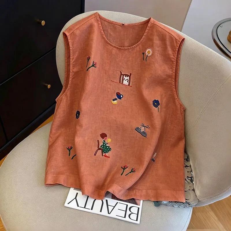 Women Cartoon Embroidered Round Neck Sleeveless Linen Tank Top M