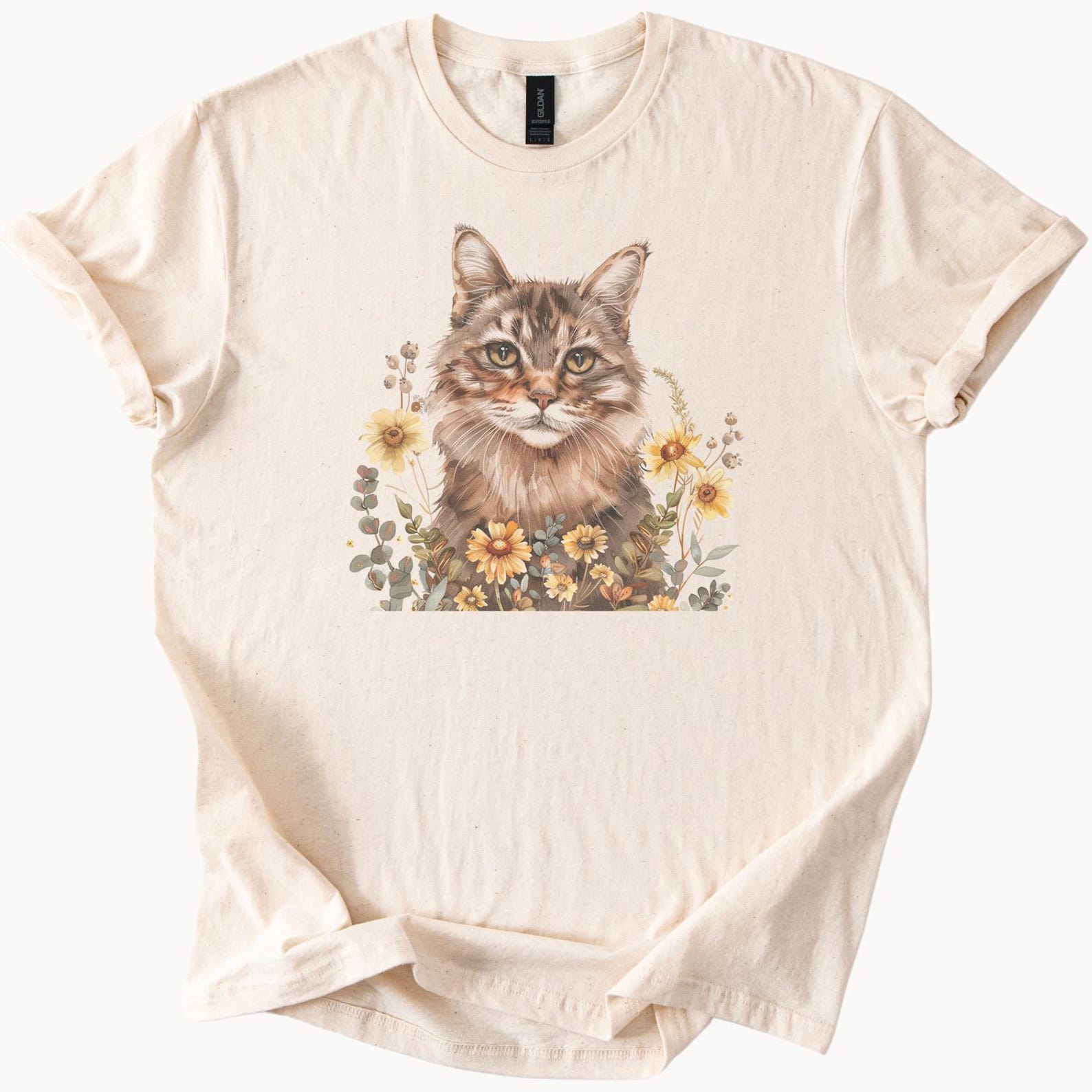 Fluffy cat with flowers graphic tee cute tabby surrounded by yellow daisies floral art shirt for cat lovers gift for her casual outfit 110