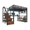 Letto a soppalco, 140 x 200 cm, Struttura in Ferro, Scaffale, Rete Appendibile, Luce LED, Scrivania, Scala, 2 Porte USB, 1 Presa Tipo-C, Senza Materasso, Nero