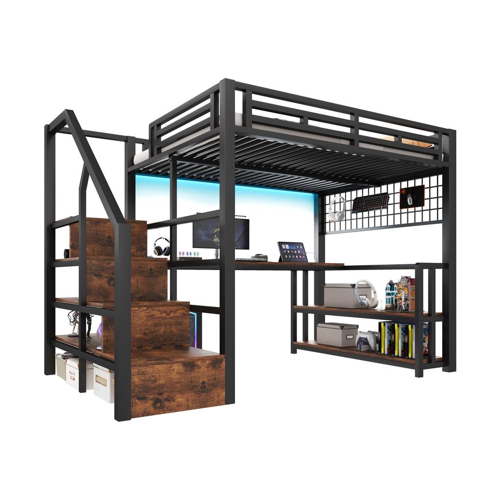 Letto a soppalco, 140 x 200 cm, Struttura in Ferro, Scaffale, Rete Appendibile, Luce LED, Scrivania, Scala, 2 Porte USB, 1 Presa Tipo-C, Senza Materasso, Nero